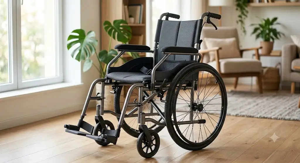 Fauteuil roulant pliant léger en aluminium déplié avec dossier ergonomique et accoudoirs rembourrés