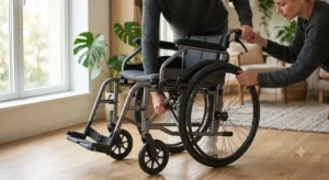 Démonstration du système de pliage rapide d'un fauteuil roulant pliant léger compact