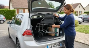 Personne rangeant facilement un fauteuil roulant pliant léger dans le coffre d'une voiture