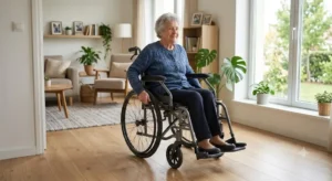 Personne âgée se déplaçant en toute autonomie en intérieur avec un fauteuil roulant pliant léger