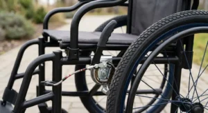Détail des roues arrière bandages anti-crevaison d'un fauteuil roulant pliant ultra léger