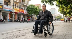 Utilisateur se promenant en ville sur un trottoir avec un fauteuil roulant pliant léger manuel