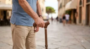 Dettaglio di un bastone da passeggio con impugnatura anatomica in legno, ausilio per la mobilita leggero per l'equilibrio. 