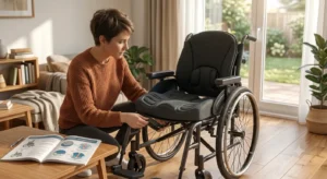 Dettaglio di un cuscino antidecubito e dello schienale ergonomico regolabile installati su una carrozzina