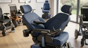 Assise rembourrée et dossier inclinable d'un fauteuil roulant électrique haute gamme 