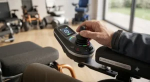 Détail du joystick de commande ergonomique d'un fauteuil roulant électrique 