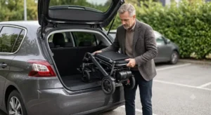 Utilisateur pliant facilement un fauteuil roulant électrique compact dans un coffre de voiture