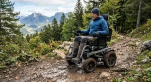 Fauteuil roulant électrique tout-terrain avec roues renforcées pour l'extérieur 