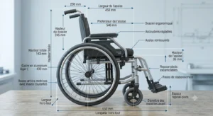 Schema detaille montrant les dimensions et les elements d'un fauteuil roulant manuel