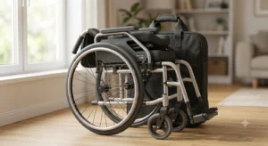 Illustration d'un fauteuil roulant manuel pliable et compact pour faciliter le transport