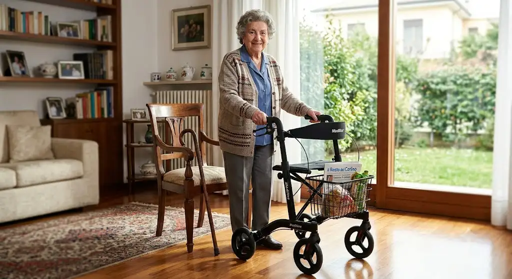 Confronto visivo tra un rollator a quattro ruote e un bastone da passeggio per la mobilita degli anziani.