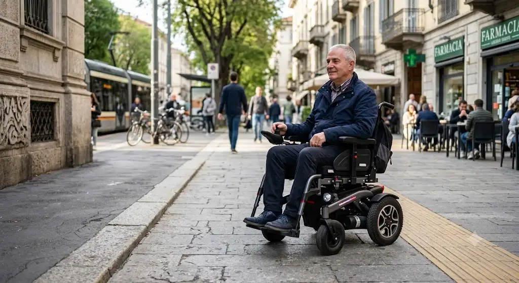Persona disabile che utilizza una sedia a rotelle elettrica per muoversi in autonomia, tra i principali ausili per la mobilita urbana.