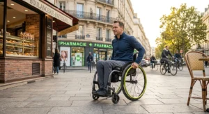 Illustration d'une personne autonome se deplacant en fauteuil roulant manuel en ville