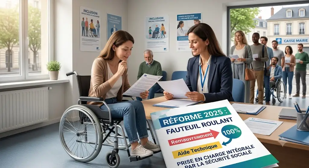 Illustration présentant la réforme 2025 fauteuil roulant avec une prise en charge intégrale par la Sécurité sociale.