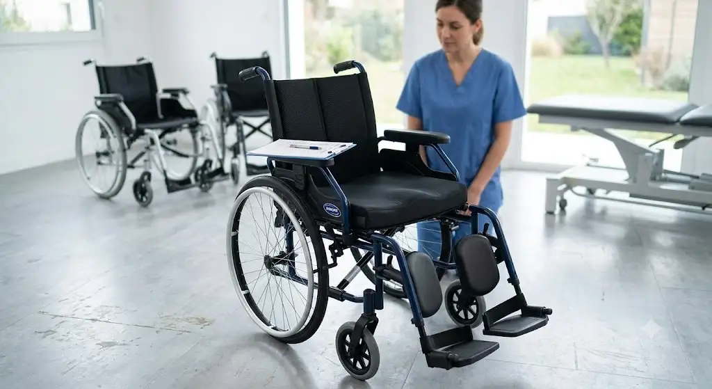 Vue d'ensemble d'un fauteuil roulant Invacare avis lors d'un essai comparatif évaluant la qualité globale et le confort.