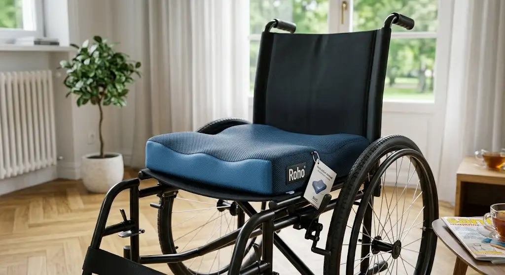 Coussin anti-escarres médical de prévention posé sur un fauteuil roulant