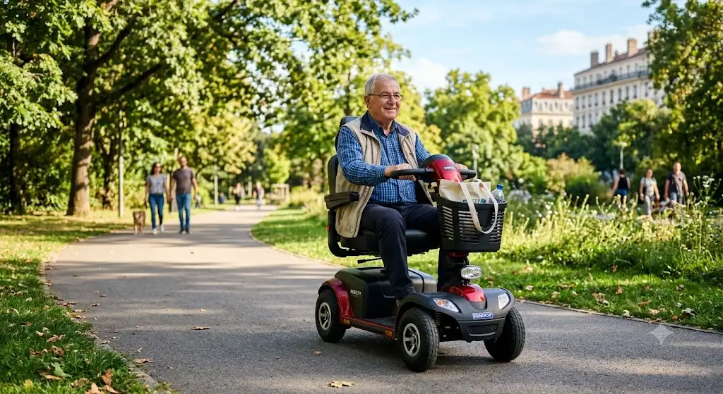 Homme senior conduisant un scooter électrique 4 roues pour handicapé dans un parc urbain ensoleillé.