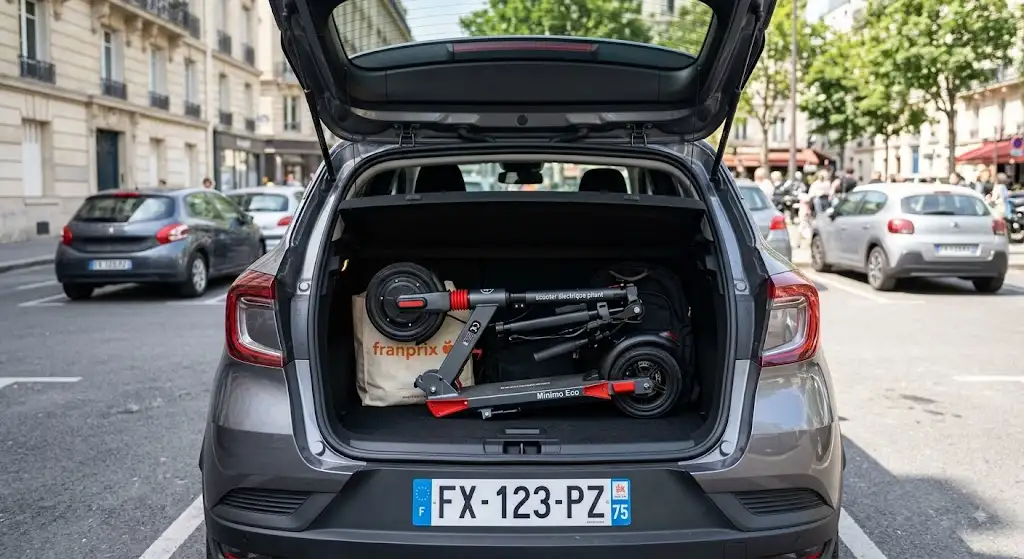 Scooter électrique pliant ultra compact rangé facilement dans le coffre d'une voiture