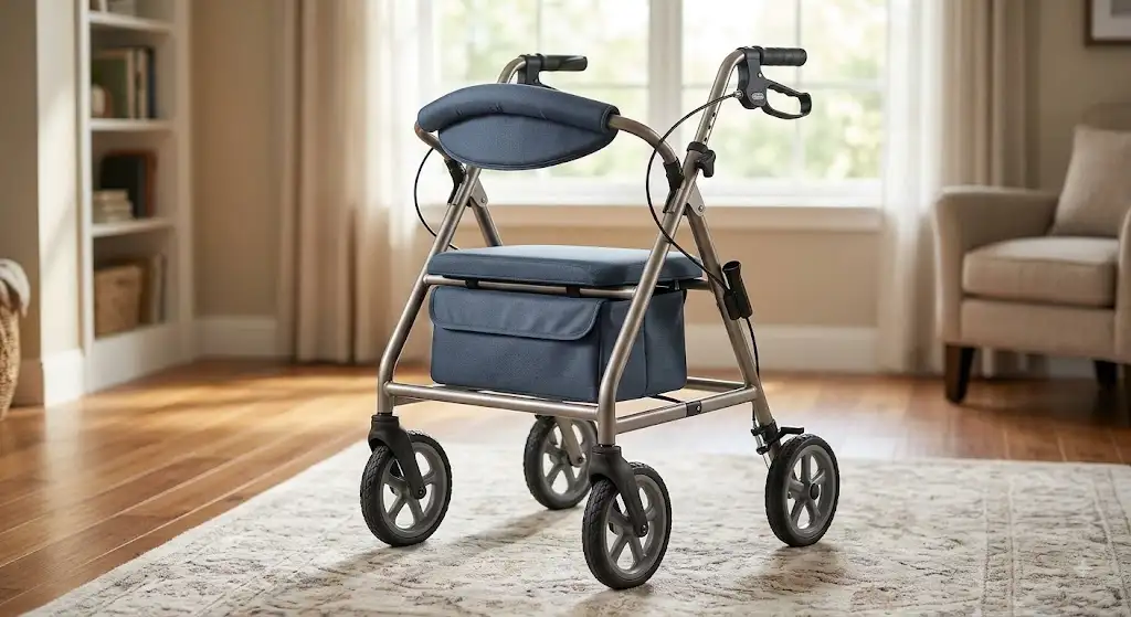 Rollator 4 roues avec siège confortable et dossier rembourré pour la mobilité des seniors.