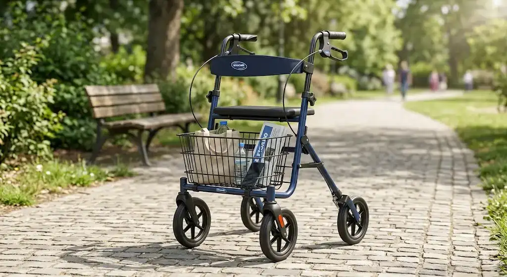 Vue d'ensemble d'un rollator Invacare avis 4 roues avec panier et assise pour notre test et avis complet