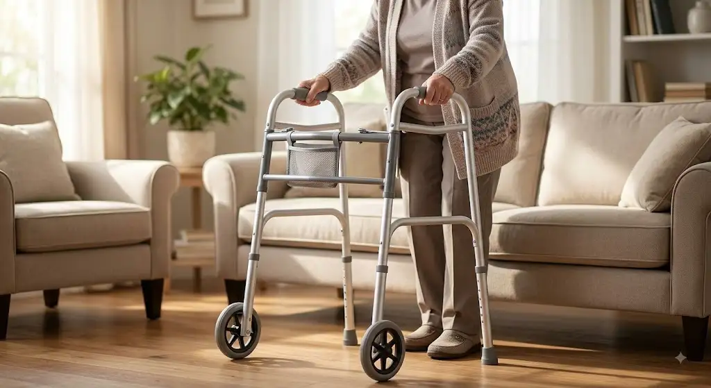 Déambulateur 2 roues pliable en aluminium pour personnes âgées, idéal pour l'intérieur d'une maison.