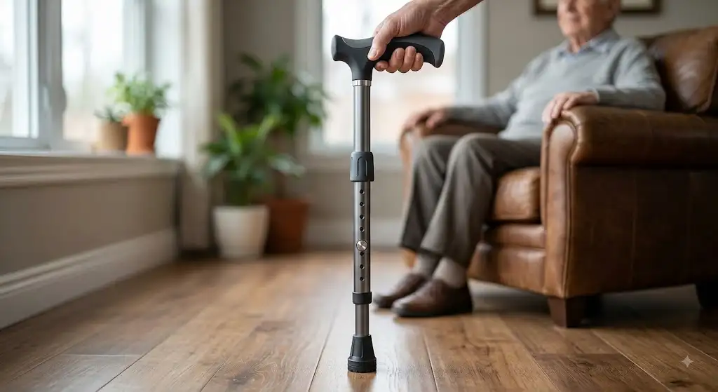 Canne de marche réglable en aluminium léger avec poignée ergonomique et système de réglage en hauteur par bouton-poussoir.