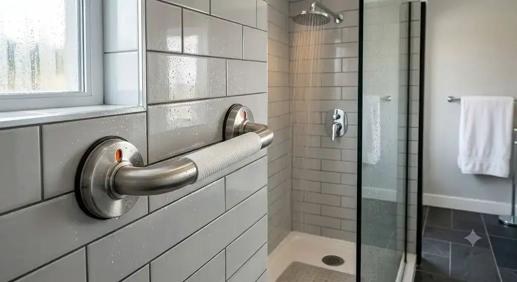 Barre d'appui sans perçage à fixation ventouse installée sur le carrelage d'une cabine de douche moderne