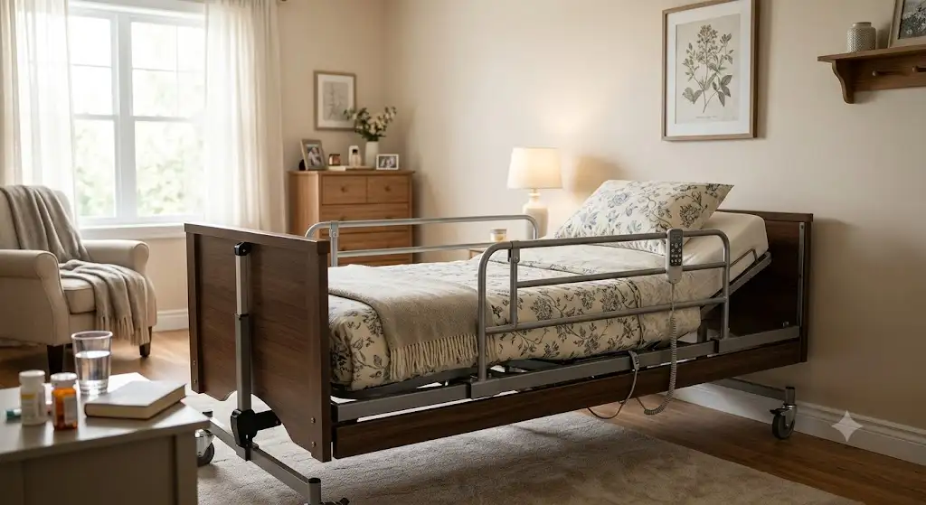 Lit médicalisé électrique 1 place installé dans une chambre à domicile avec barrières de sécurité pliables