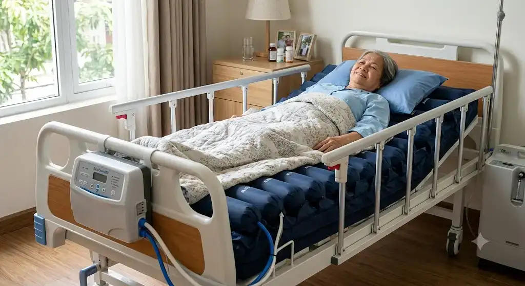 Matelas anti-escarres à air motorisé installé sur un lit médicalisé pour le maintien à domicile