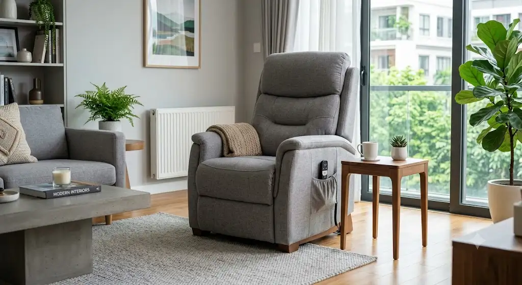 Fauteuil releveur électrique 2 moteurs en tissu gris installé dans un salon moderne et lumineux