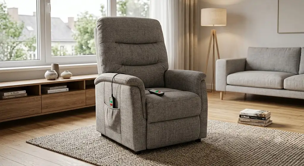 Fauteuil releveur électrique 1 moteur pas cher en tissu gris installé dans un salon moderne fauteuil releveur pas cher