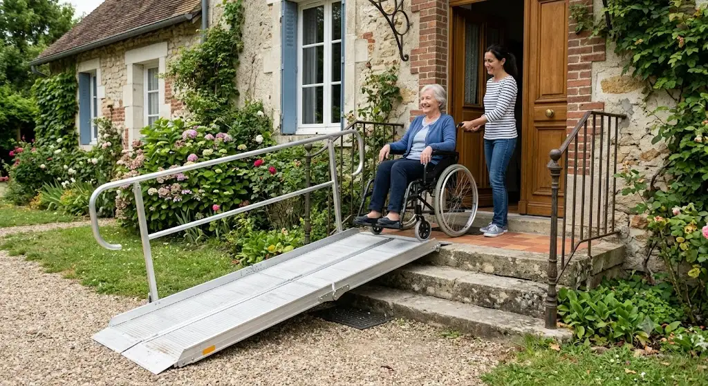 rampe pliante fauteuil roulant en aluminium installée sur les marches d'une maison individuelle pour faciliter l'accès PMR.