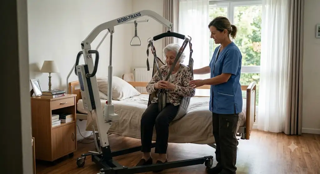 Illustration d'un lève-personne électrique standard utilisé pour le transfert sécurisé des patients à mobilité réduite.