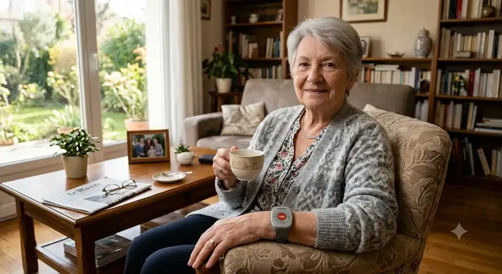 Femme âgée portant un bracelet téléassistance senior pour le maintien à domicile en toute sécurité