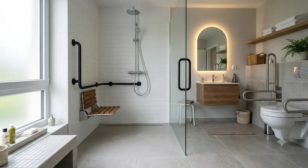 aménager salle de bain senior avec douche de plain-pied sans seuil et receveur antidérapant.