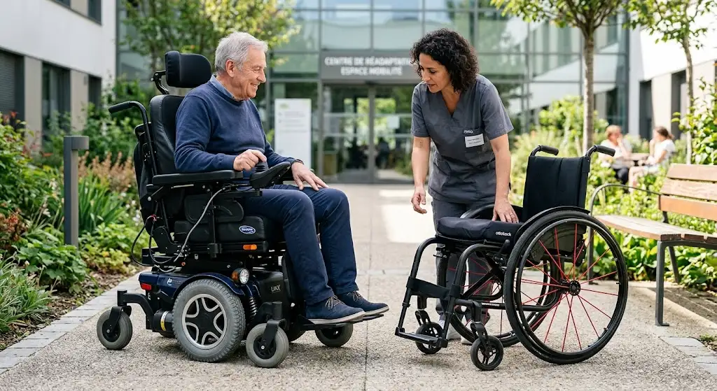 Comparatif visuel entre un fauteuil fauteuil roulant manuel ou électrique pour évaluer l'autonomie et la mobilité.