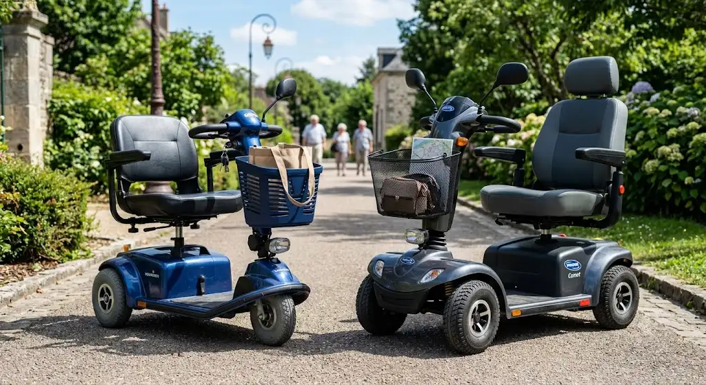 Comparatif visuel entre un scooter électrique 3 roues ou 4 roues pour senior côte à côte