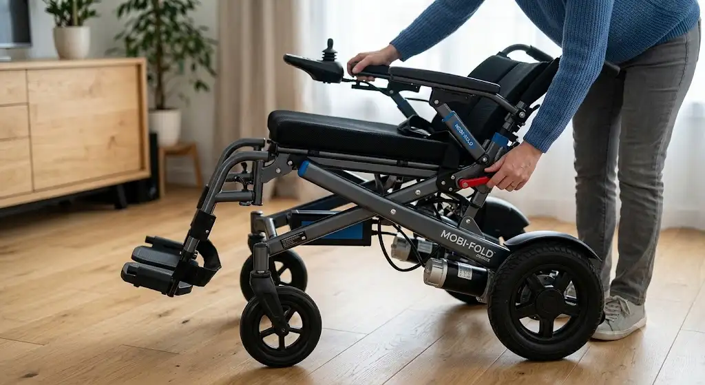 A modern and compact fauteuil roulant électrique pliant, showcasing its ergonomic design and mobility.