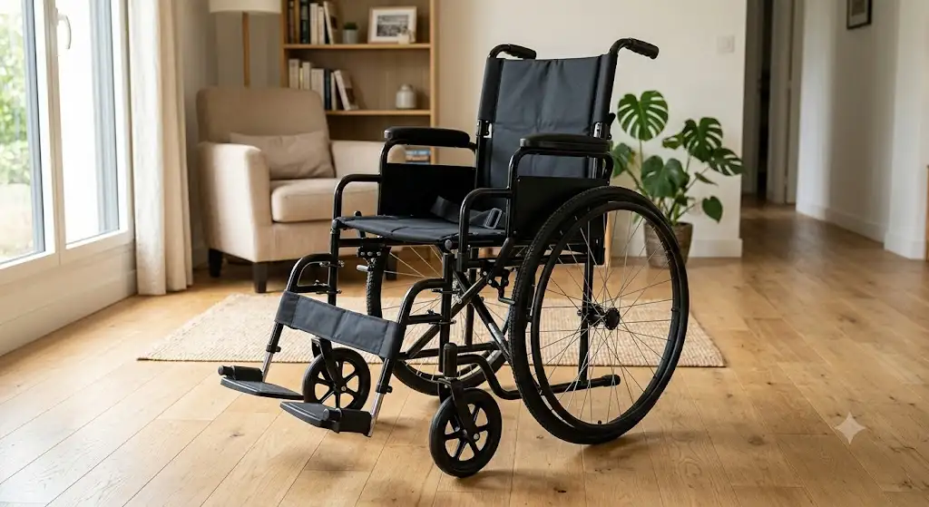A photo of a foldable manual wheelchair resting on a wooden floor in a cozy French home, illustrating the topic: fauteuil roulant pas cher manuel pliant.