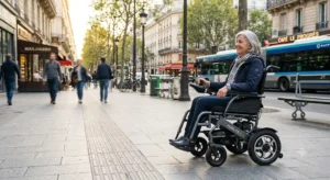An older woman happily using a lightweight electric wheelchair on a sunny street in a French city, illustrating: fauteuil roulant electrique pas cher leger.