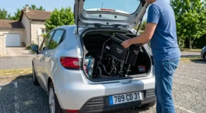 A man carefully folding a manual wheelchair and placing it into the trunk of a hatchback car in a French driveway, illustrating: fauteuil roulant pliant pas cher coffre voiture.