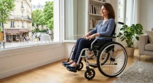 A detailed shot of a person using an ultra-light aluminum wheelchair in a modern apartment setting, highlighting: fauteuil roulant aluminium pas cher ultra leger.