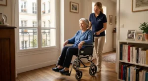A senior woman being safely assisted in a transport wheelchair within a sunlit French home, demonstrating: fauteuil roulant de transfert pas cher senior.