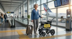 A woman confidently operating a fauteuil roulant électrique pliant on a slightly uneven city sidewalk, illustrating its versatile outdoor capabilities.