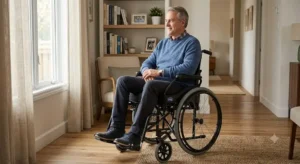An older man sitting comfortably with a smile in an ergonomic manual wheelchair with a contoured seat cushion, showcasing: fauteuil roulant confortable pas cher assise ergonomique.