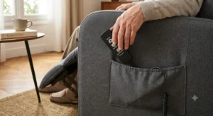 Détail de la télécommande d'un fauteuil électrique moins de 1500 euros avec poche latérale