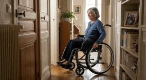 A woman in a compact, narrow manual wheelchair navigating a narrow hallway in a French apartment, illustrating: fauteuil roulant pas cher etroit interieur.
