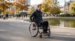 An active young man confidently propelling an active-use manual wheelchair along a paved city park pathway, demonstrating: fauteuil roulant actif pas cher sport.