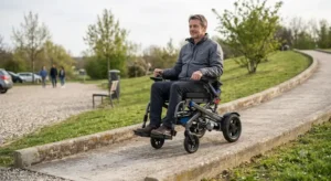 A close-up of the high-capacity, lightweight battery and motor mechanism of a modern fauteuil roulant électrique pliant.