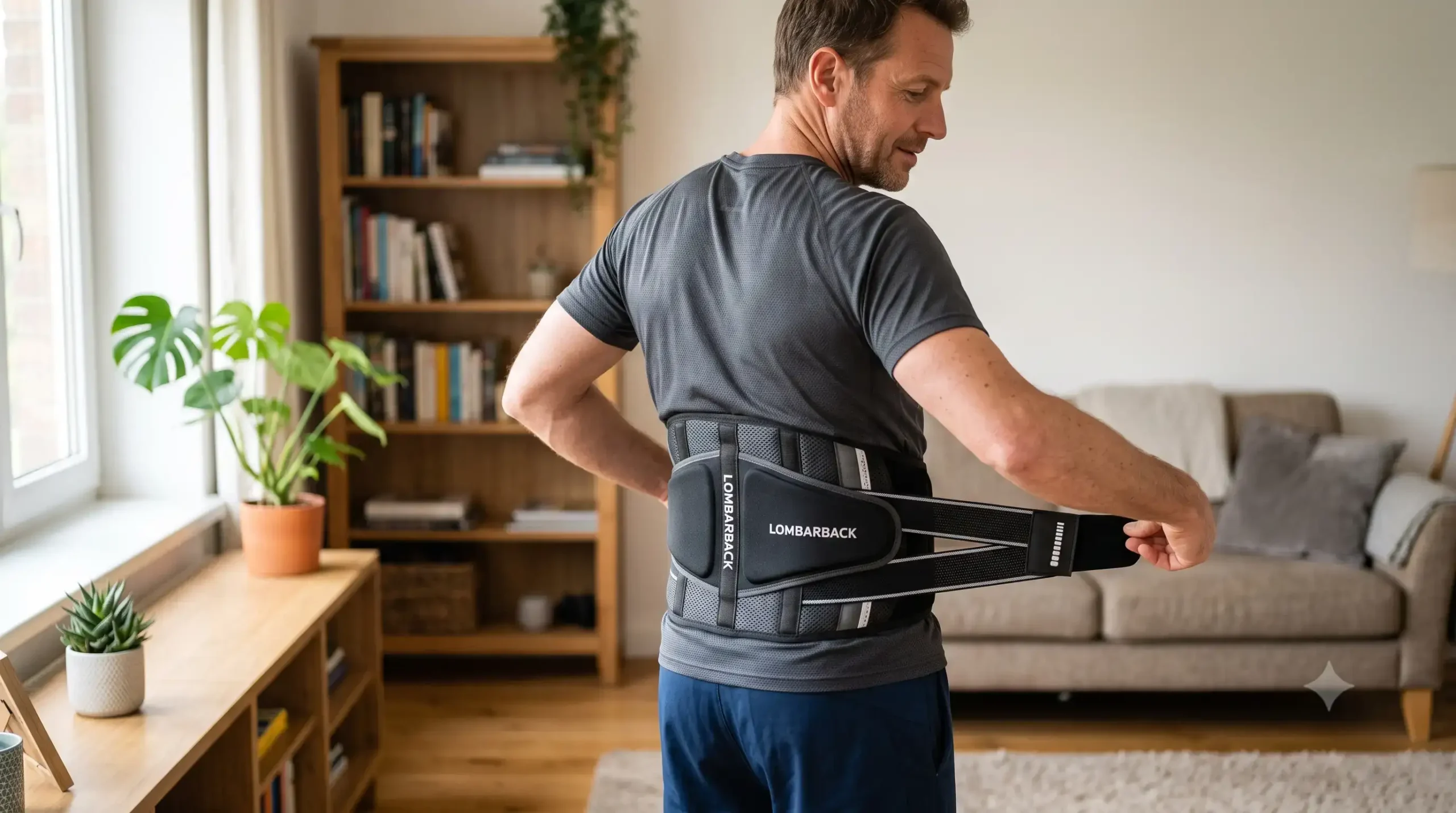 Homme portant une ceinture lombaire de soutien ajustable pour soulager le bas du dos